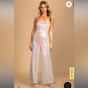 Lulus Going to Glow Iridescent White Sequin Sleeveless Jumpsuit (sz M)